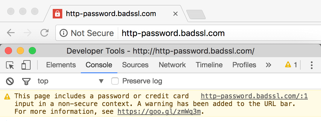 Note secure warning message shown to users