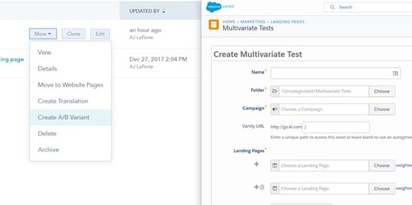 HubSpot (left) and Pardot's (right) Multivariant A/B Testing