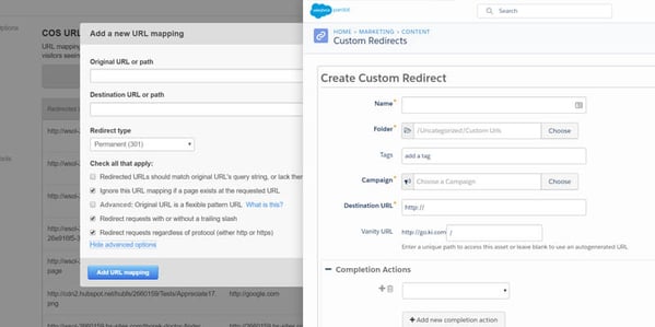 HubSpot (left) and Pardot's (right) URL Redirect Areas