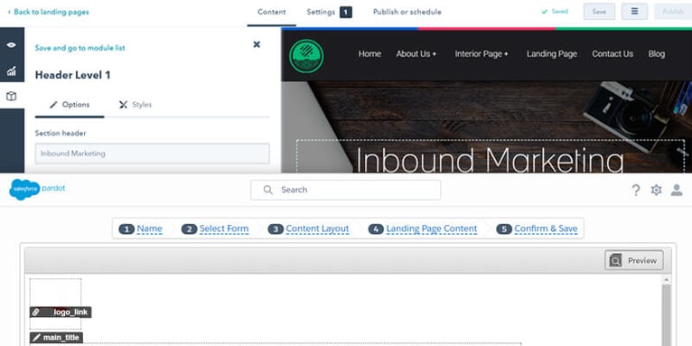 HubSpot (top) and Pardot's (bottom) Landing Page Editors