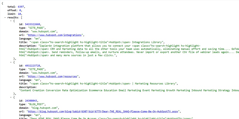 HubSpots search API JSON response