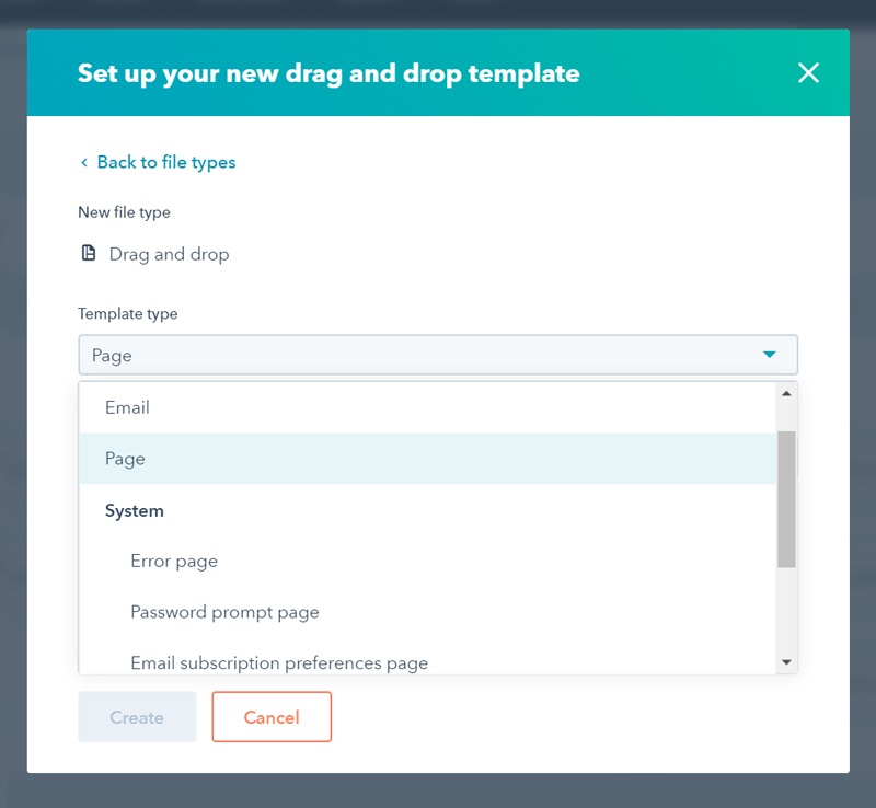 Options for setting up a new drag and drop template