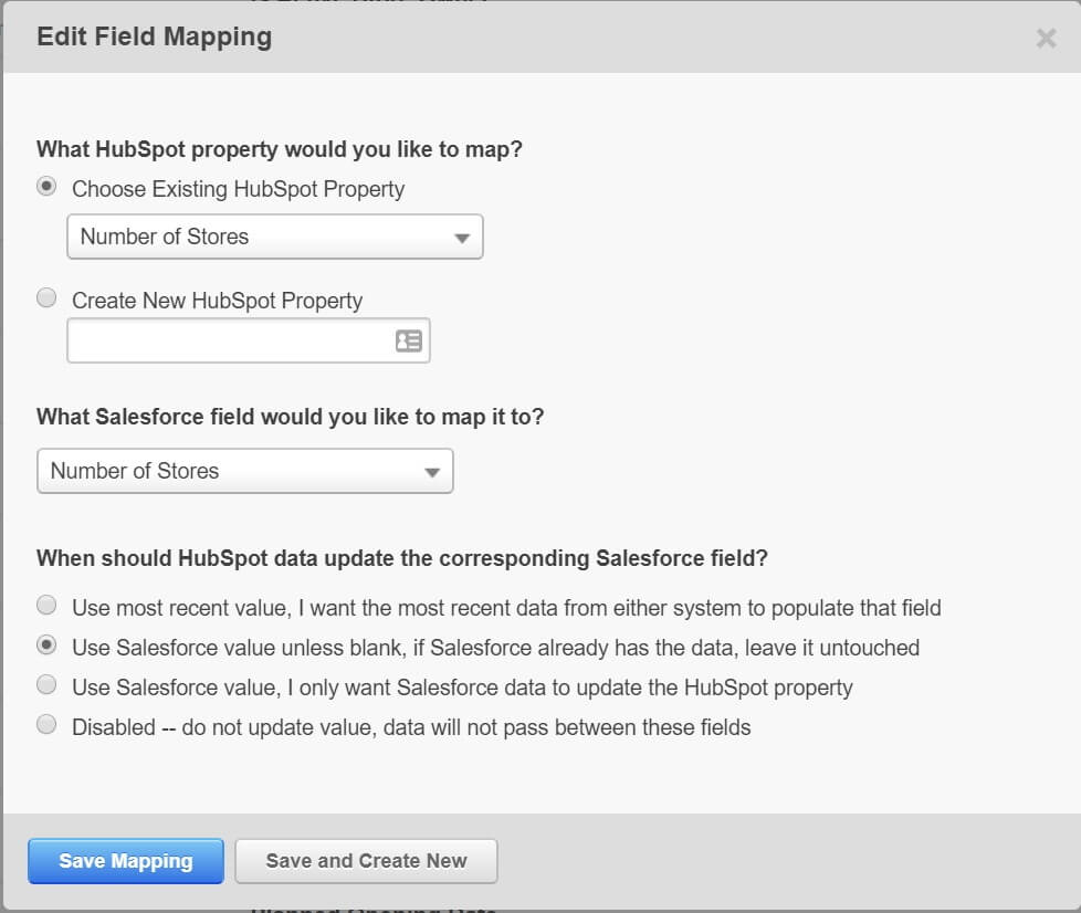 Mapping options for a field inside of HubSpots Salesforce Connector