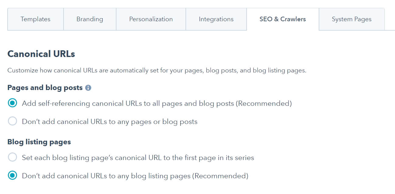 Canonical options in HubSpot's settings