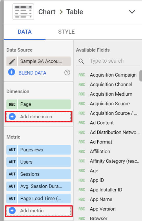 Add Dimensions and Metrics buttons