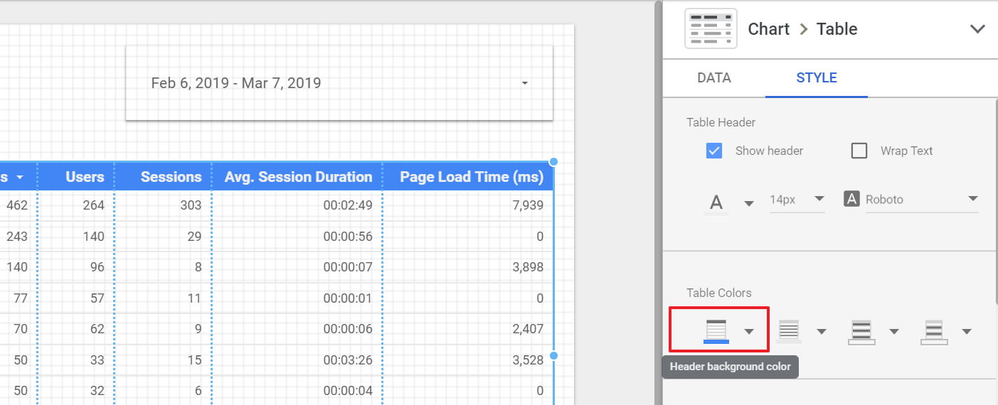 Changing the table header background color