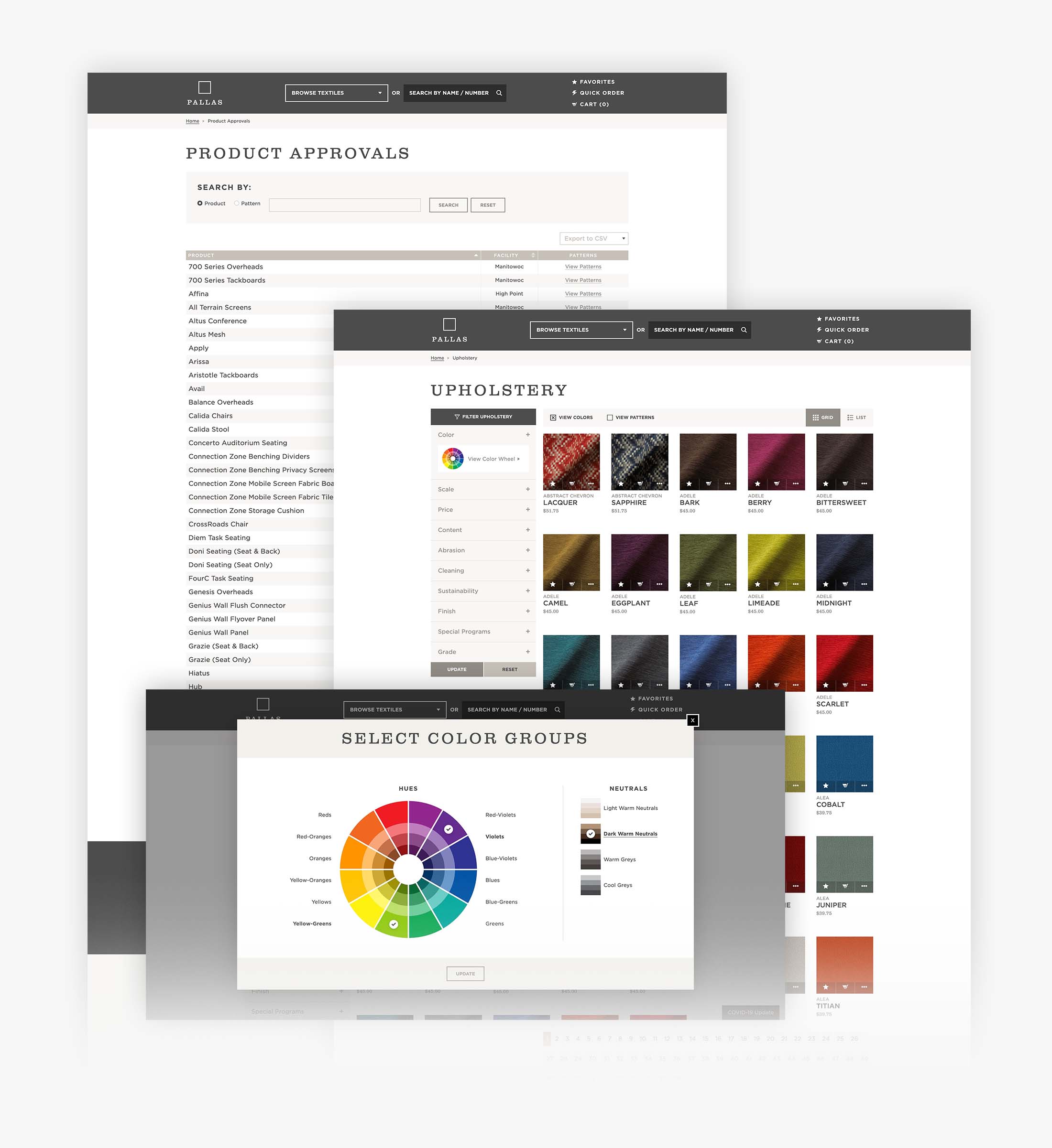 New Pallas Website Features Showcase with a color wheel filter selection