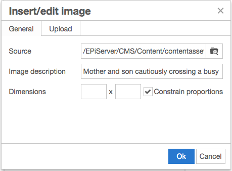 Insert/Edit Image modal in Episerver where the Image Description is assigned