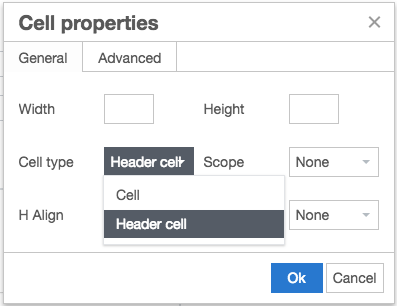 Table Cell Properties modal in Episerver - Set the Cell Type to Header Cell