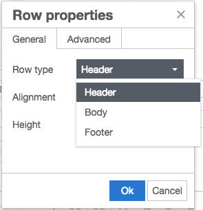 Table Row Properties modal in Episerver - Set the Row Type as Header