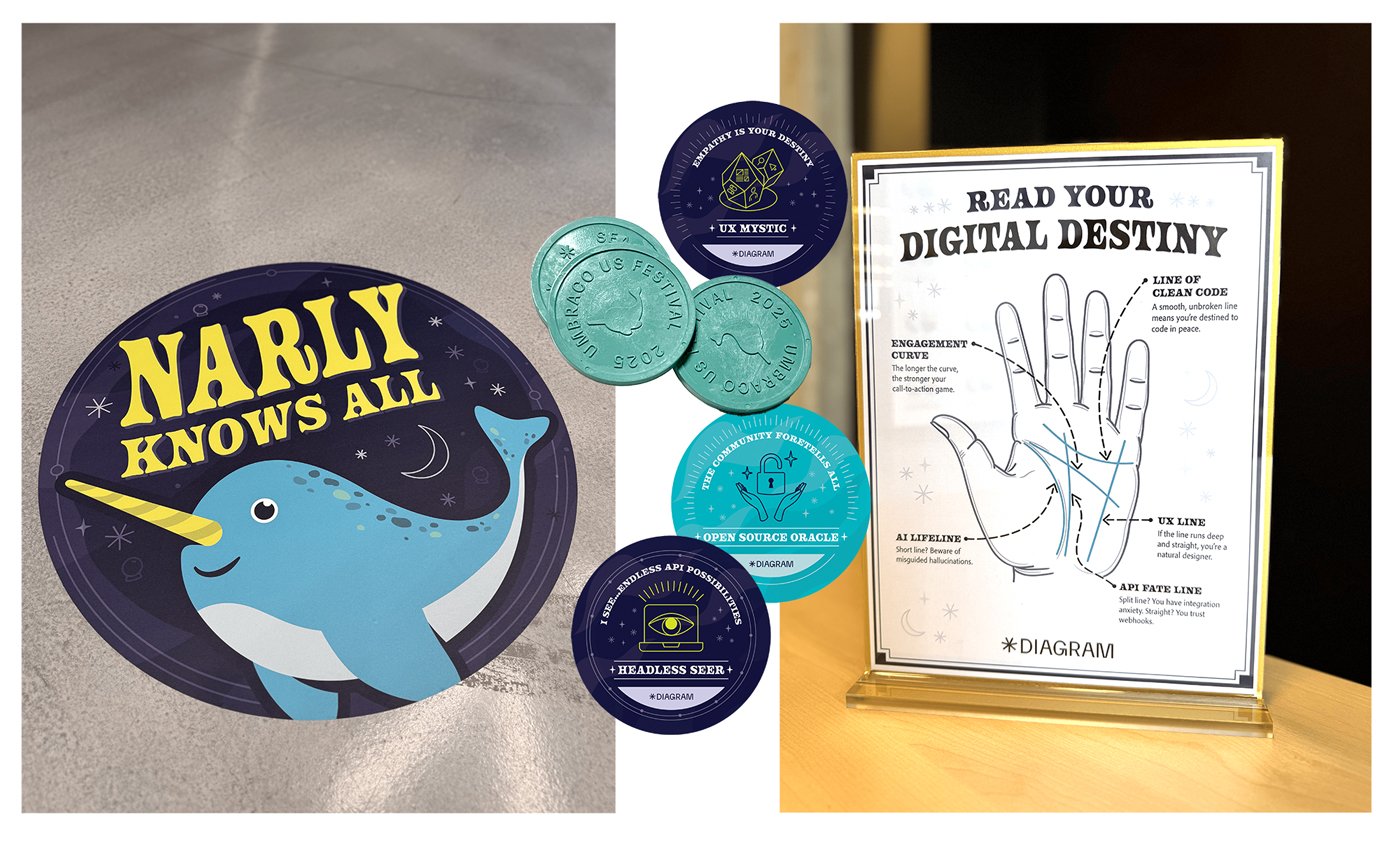 Images of stickers, decals, posters, and sea net tokens produced to accompany the Narly exhibit
