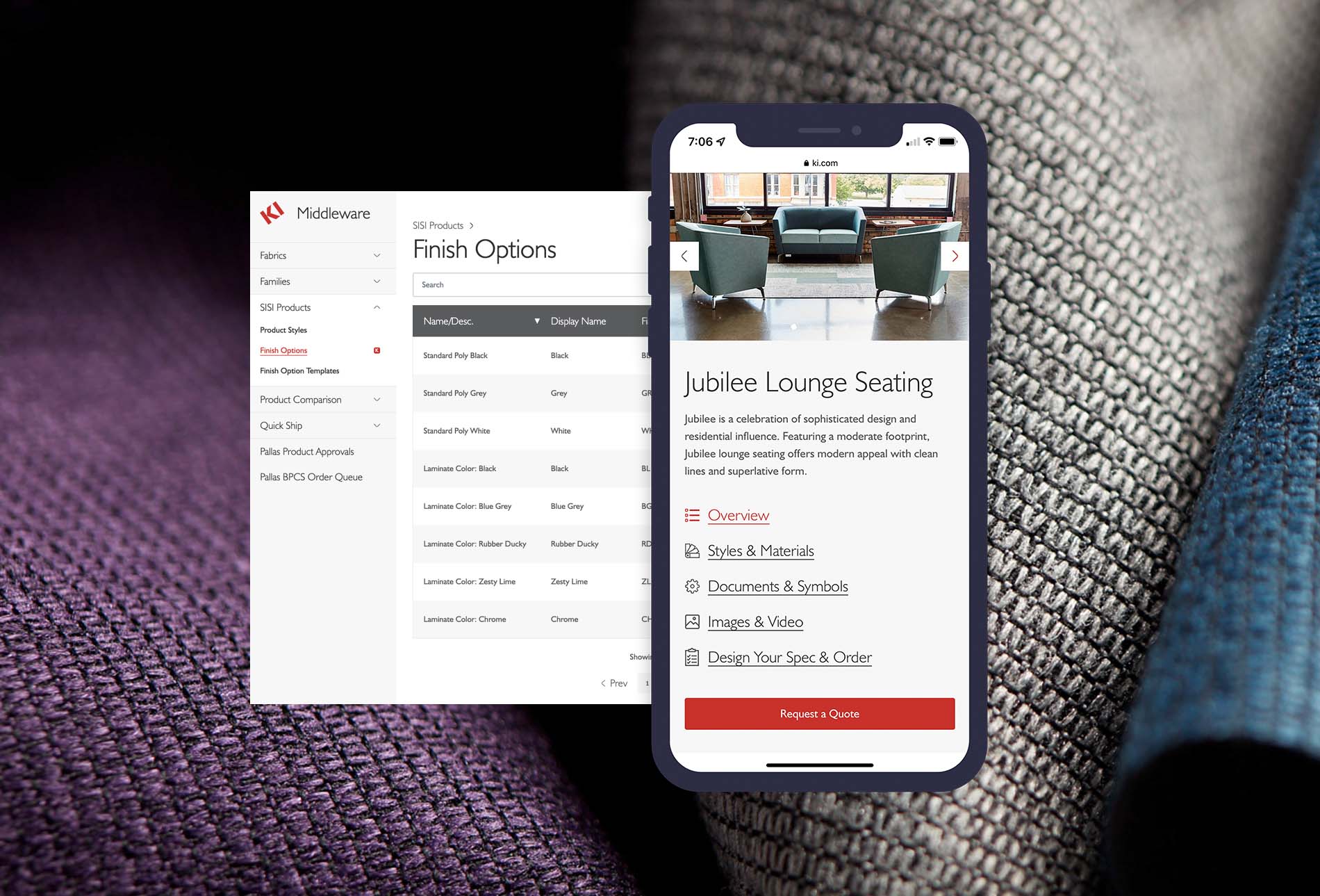 Screenshots of KI's Middleware and New Product Page