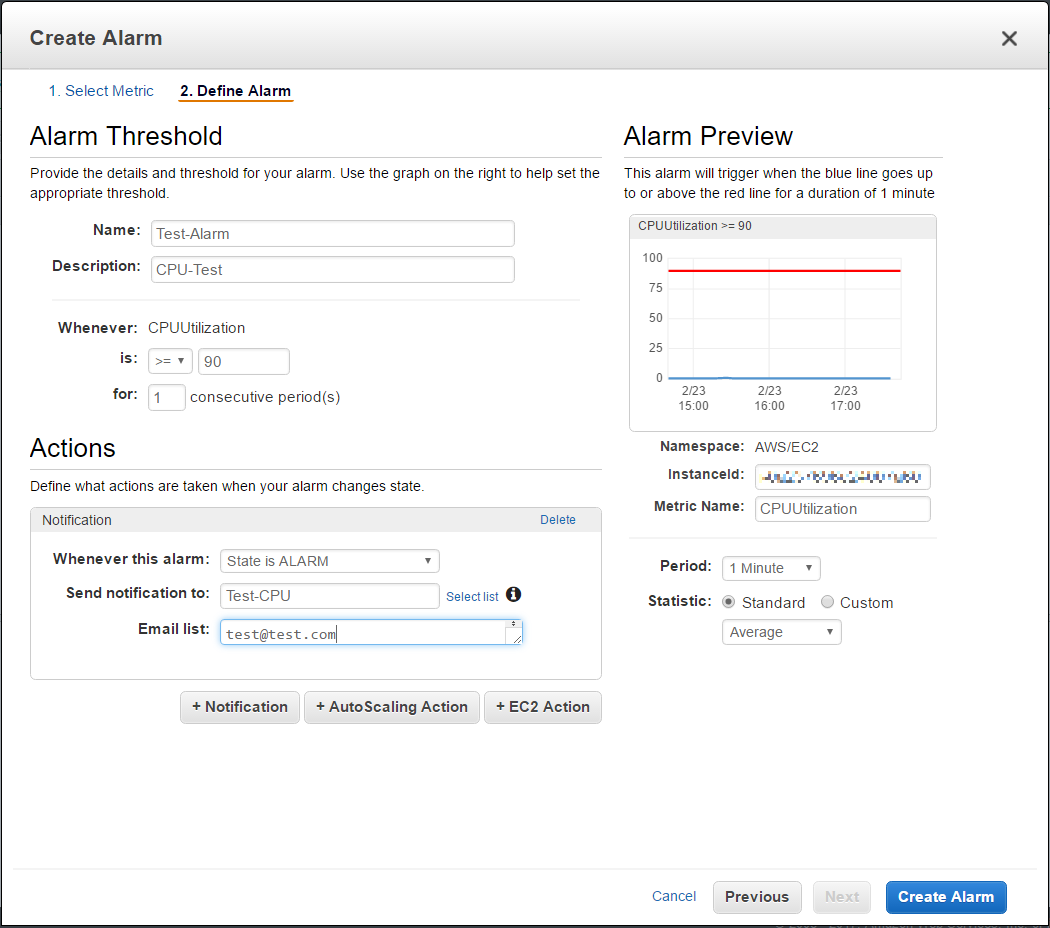 CloudWatch alarm setup