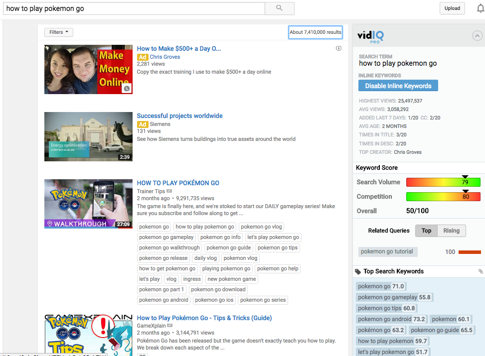 YouTube Search Results Page (with added insight from VidIQ) - Notice the Ads at the top of the page