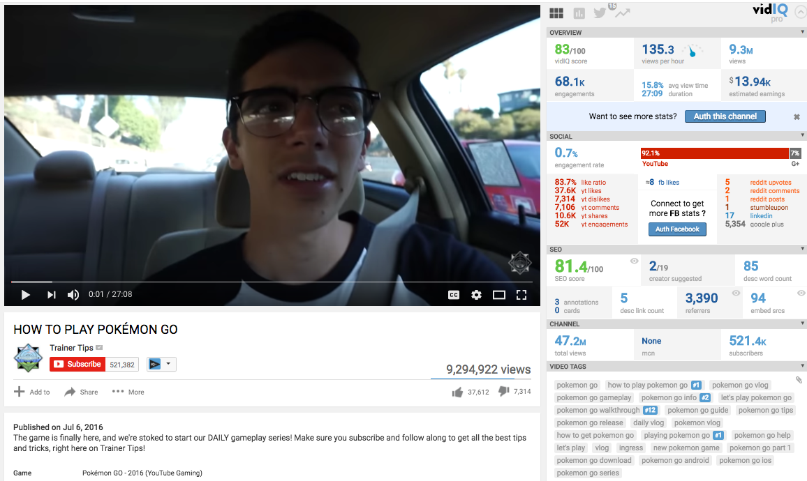 An example of a video page on YouTube with added insights from VidIQ about tags and ranking. (In this case for Pokemon Go.)
