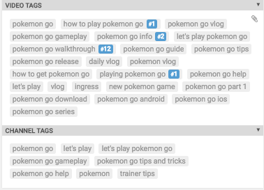 Detail on VidIQ data about tags and ranking for this Pokemon Go related video.