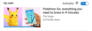 An example of an "up next" video in the autoplay section of a YouTube page for a Pokemon Go related video.