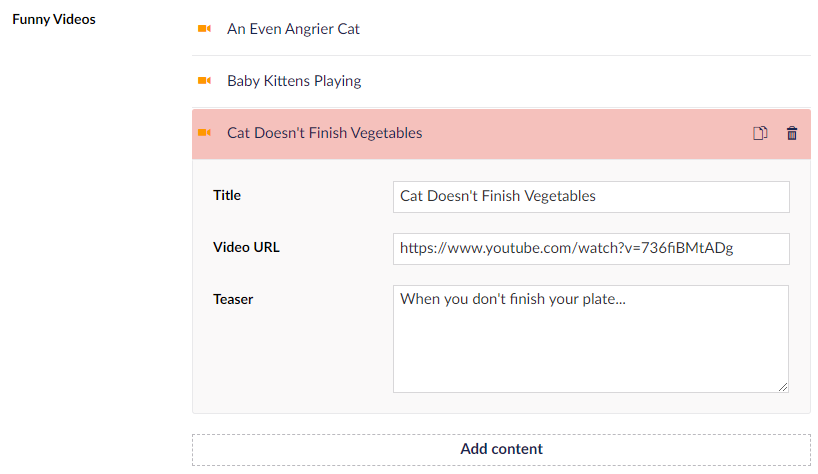 A content editor’s view of video nested content.